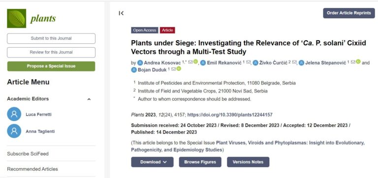 <a href="https://www.mdpi.com/2223-7747/12/24/4157" target="_blank" rel="noreferrer noopener">Plants under Siege: Investigating the Relevance of ‘Ca. P. solani’ Cixiid Vectors through a Multi-Test Study</a>