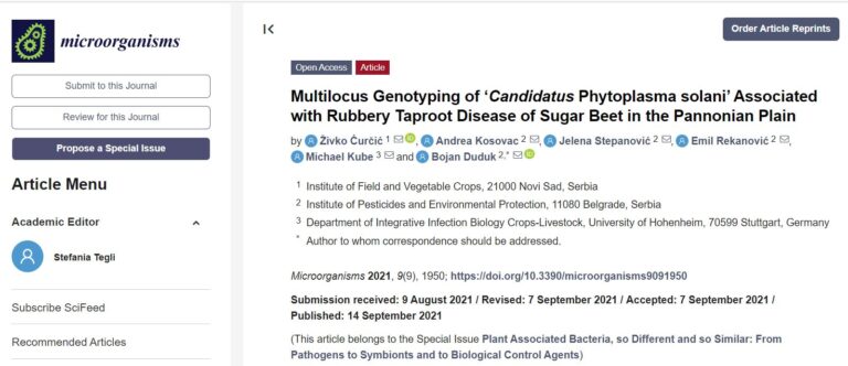 <a href="https://www.mdpi.com/2076-2607/9/9/1950" target="_blank" rel="noreferrer noopener">Multilocus Genotyping of ‘Candidatus Phytoplasma solani’ Associated with Rubbery Taproot Disease of Sugar Beet in the Pannonian Plain</a>