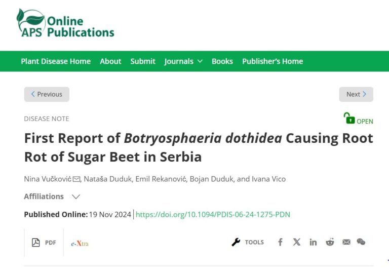 <a href="https://apsjournals.apsnet.org/doi/10.1094/PDIS-06-24-1275-PDN" target="_blank" rel="noreferrer noopener">First Report of Botryosphaeria dothidea Causing Root Rot of Sugar Beet in Serbia</a>